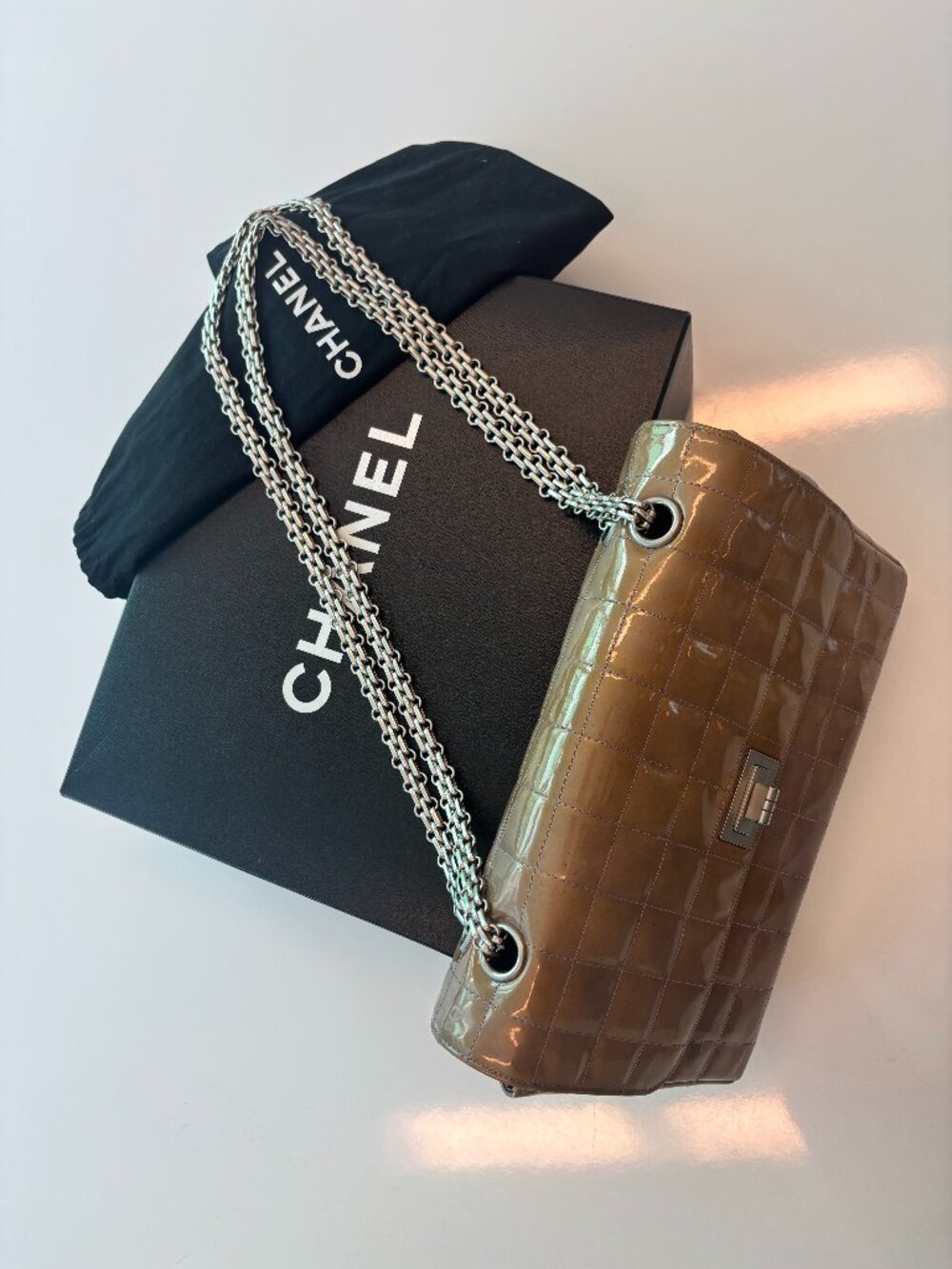 Chanel Chocolate Bar Flap Bag Quilted Patent Medium 2000-2002 collection